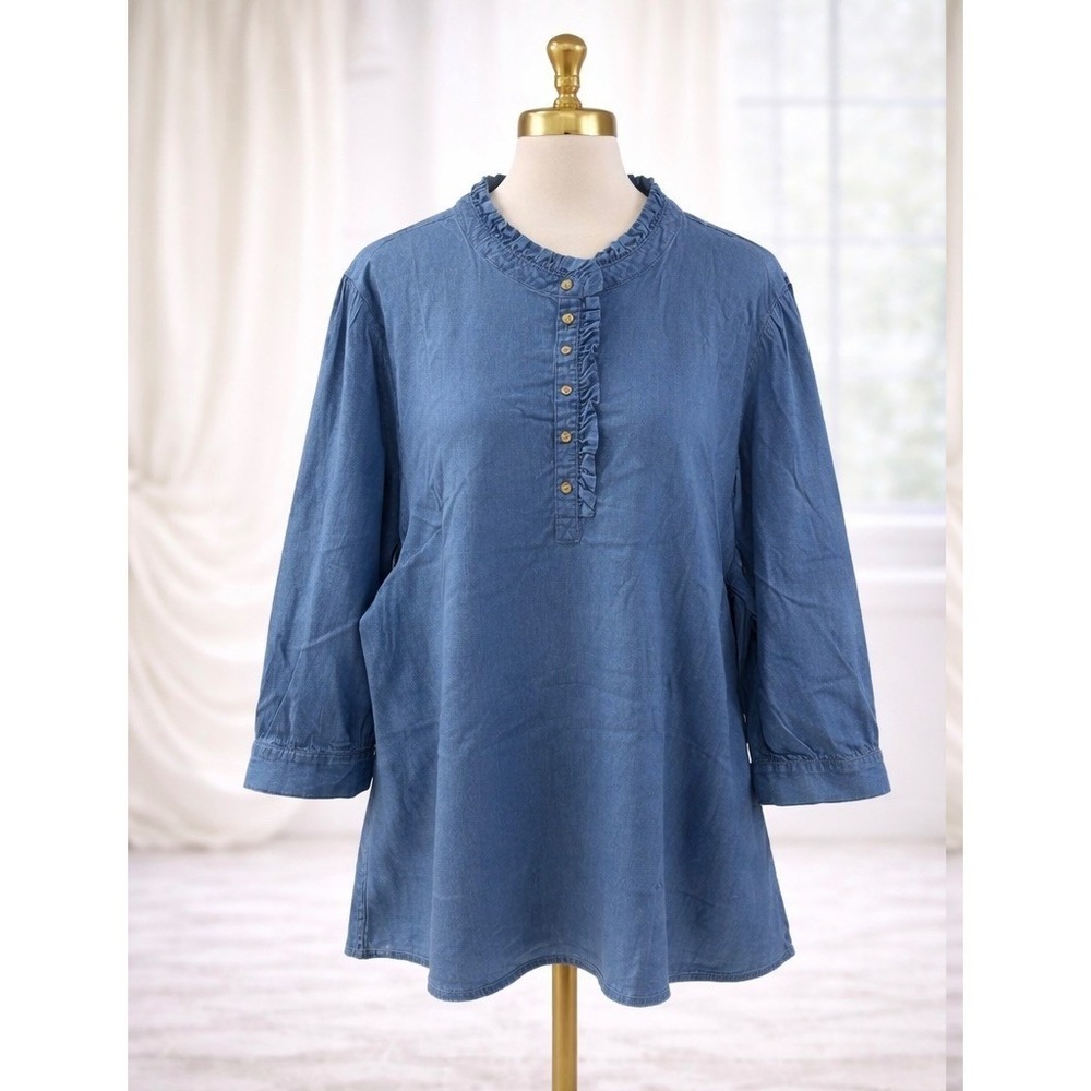 New Denim & Co Popover Top Size 3XL Blue Chambray Ruffle Henley‎ 3/4 Sleeve